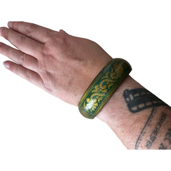 Green and Gold Whale Tropical Bangle Bracelet - Picture 7 of 8